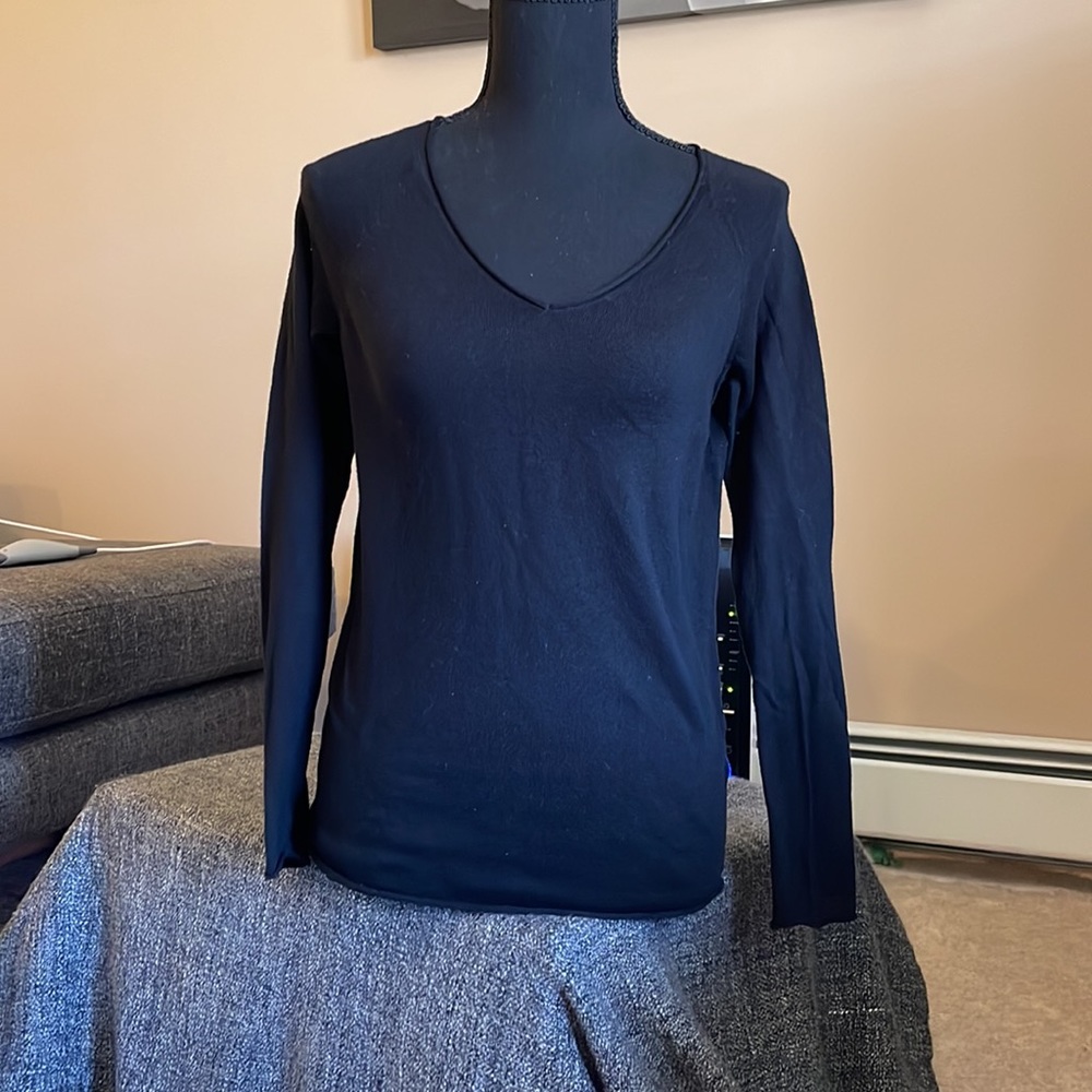 Dark navy blue V-neck sweater with elbow patches